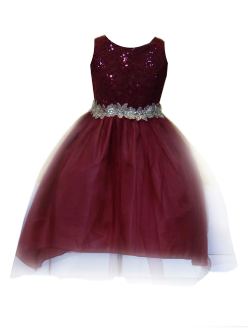 Little Girls Burgundy Sequin Bodice Hi Low Flower Girl Dress 2-6 - SophiasStyle.com